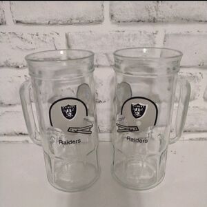 2 Vntge Fisher OAKLAND RAIDERS NFL Glass Mug Beer Stein Football - 7" Tall 1970s